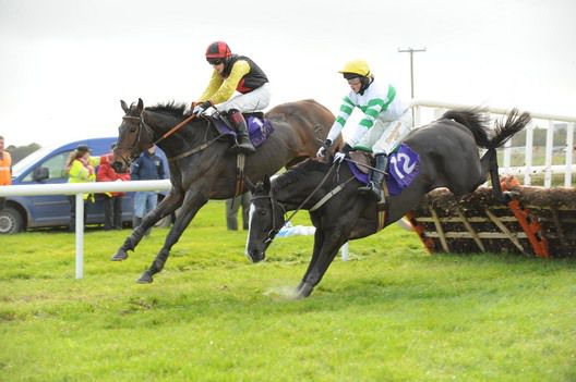 Huckle Buck Shoe (left) jumps the last with Royal Luck