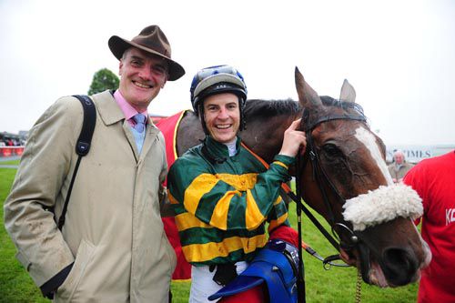 Captain Cee Bee with his trainer Eddie Harty (left) and Fran Berry after winning at the Curragh in 2012