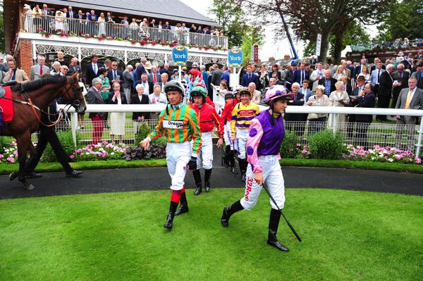 Jockeys entering the parade ring at York