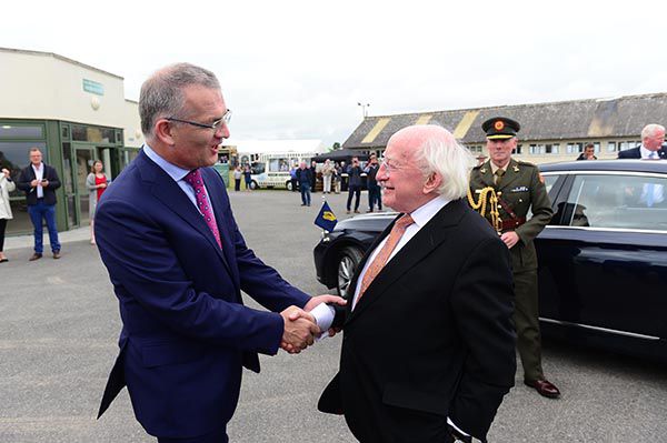 President Michael D Higgins is welcomed to Kilbeggan by racetrack Manager Paddy Dunican 