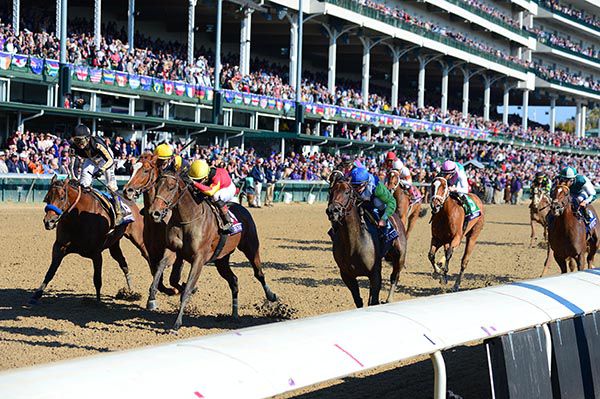 The finish to a race at Churchill Downs Racetrack