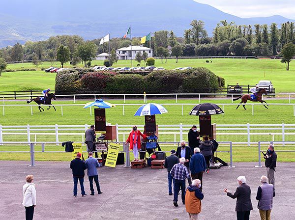 Horses canter to the start, behind today's on-course bookmakers