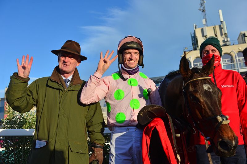 Willie and Patrick Mullins after Sharjah won the Matheson Hurdle for a fourth time at Leopardstown in 2021
