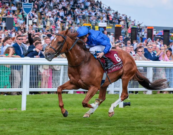 Modern Games and William Buick winning the Al Shaqab Lockinge Stakes at Newbury. 