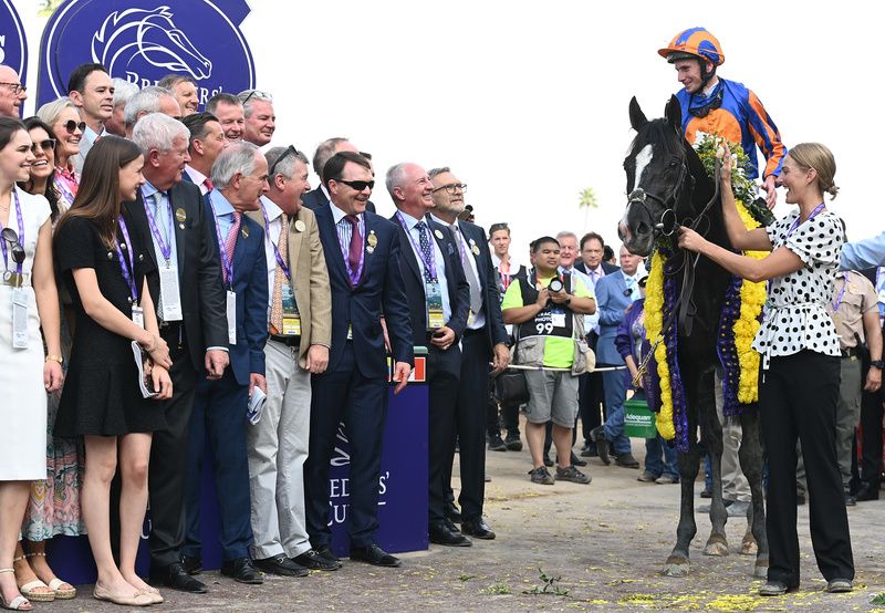 Auguste Rodin and Ryan Moore are greeted by connections after their Breeders Cup success last Saturday