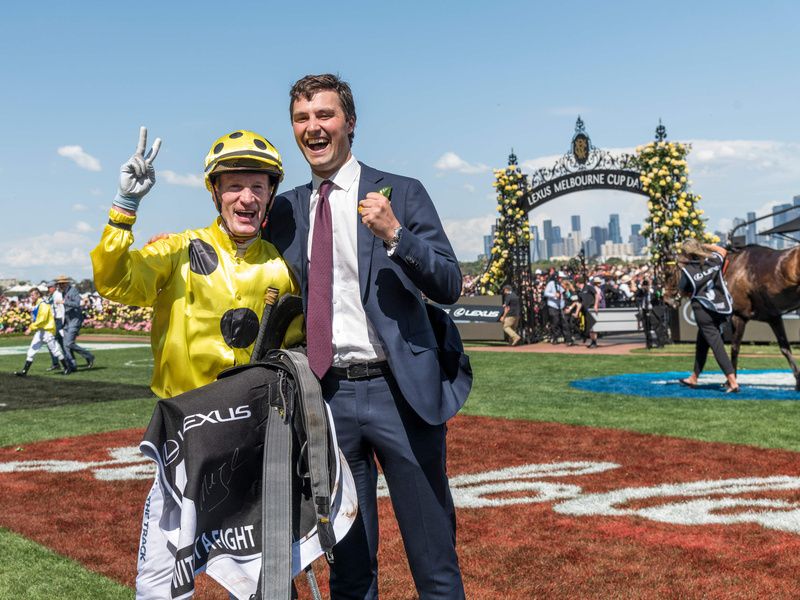 Without A Fight trainer Sam Freedman celebrate after winning The Melbourne Cup