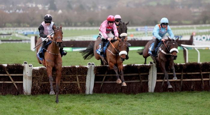 Bob Olinger and Rachael Blackmore (pink and black) winning The Dornan Engineering Relkeel Hurdle Cheltenham 1.1.24Healy Racing