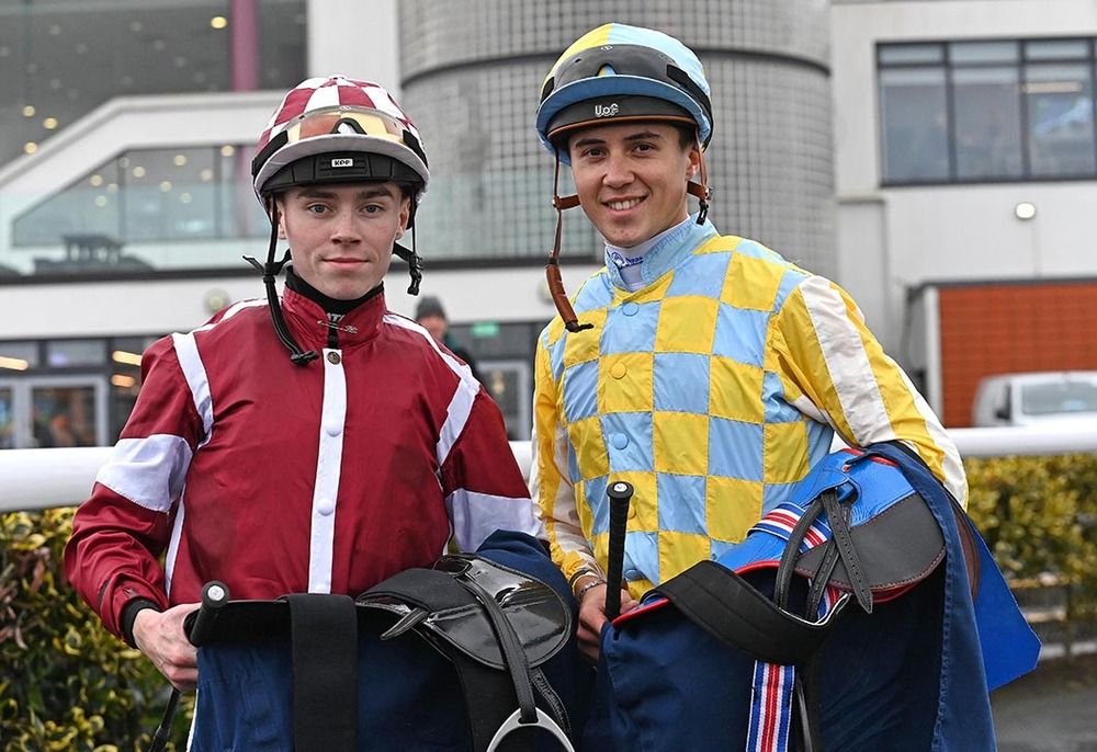 Dead-heating jockeys Jamie Powell (left) and Dylan Browne McMonagle 