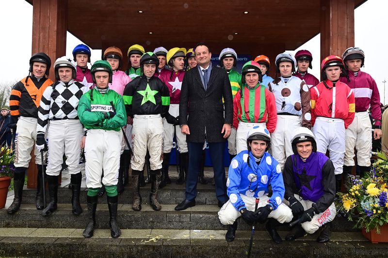 Fairyhouse 1 April 2024 An Taoiseach Leo Varadkar with the Jockeys for the 2024 Irish Grand National 