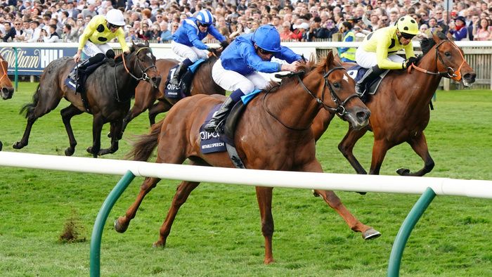 Rosallion, far side, losing out by a length and a-half to Notable Speech in the Qipco 2,000 Guineas at Newmarket