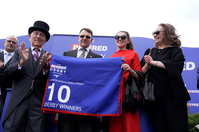 Epsom 1 June 2024 Betfred Derby Group 1 Trainer Aidan O Brien celebrates after City Of Troy and Ryan Moore gave him his 10th Epsom Derby with L R MV M