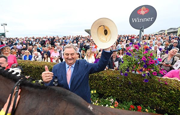 Noel Meade celebrating Pinkerton's win in the Galway Plate