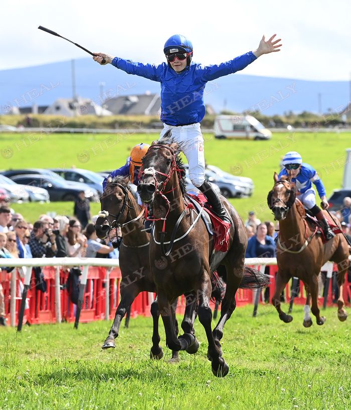 Dylan O Connor celebrates as he wins a race on Day 3 at Dingle