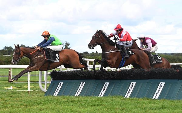 Churchwarden and Ben Harvey (far) jumps the last ahead of Desert Cave and Andyourbirdcansing