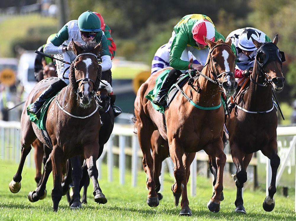 Private Officer (left) comes with his winning run under Joey Sheridan