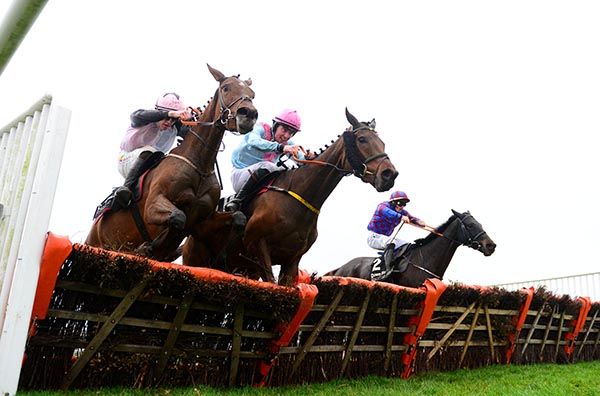 Kala Conti and Carl Millar (nearest) jump the last with Helvic Dream (centre) and Telecon (far side)