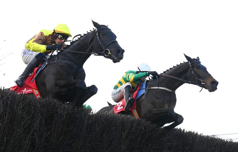 Fact To File jumping the last fence upsides Galopin Des Champs at Punchestown in November