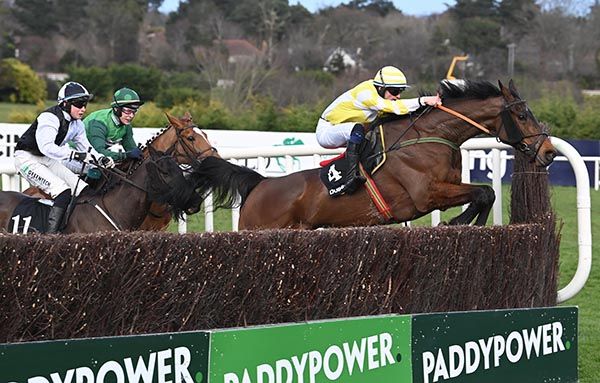 Monbeg Park and Tiernan Power Roche lead over the last from Tyre Kicker (black & white)