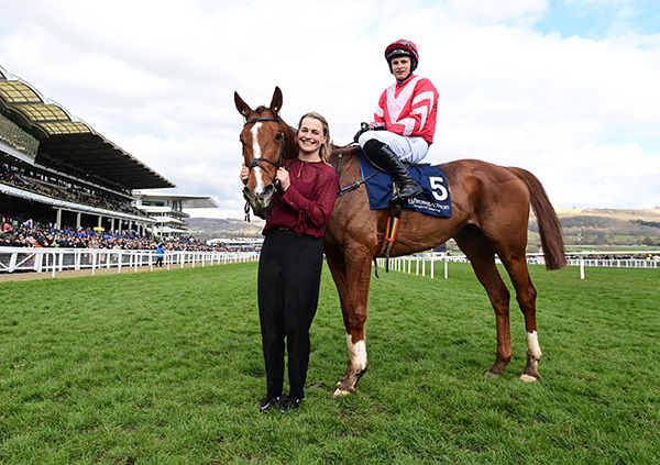 12-3-25 Cheltenham.Lecky Watson and Sean O'Keeffe with Aimee Morrissey after winning the Brown Advisory Novices' Chase (Grade 1).Healy Racing Photo